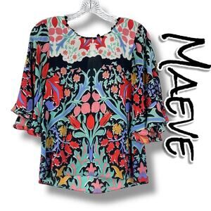 Maeve Folkart Kimono Silk Blouse Keyhole Back Bell Sleeves Sheer Womens Size 0